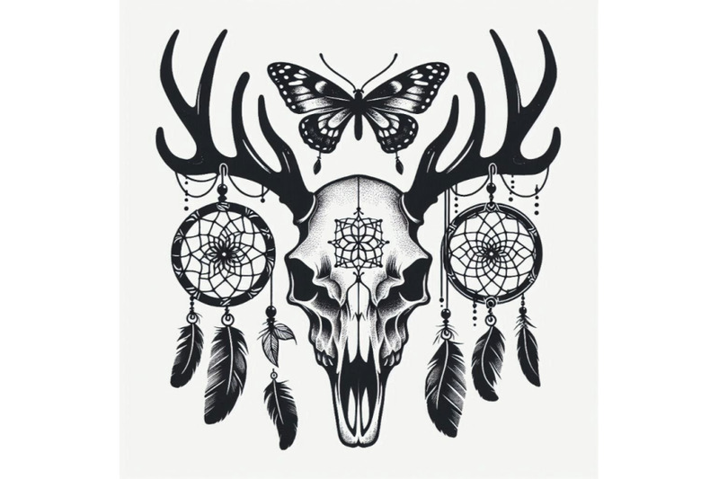 deer-skull-animal-skull-with-dreamcather-and-butterfly