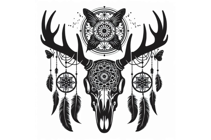 deer-skull-animal-skull-with-dreamcather-and-butterfly