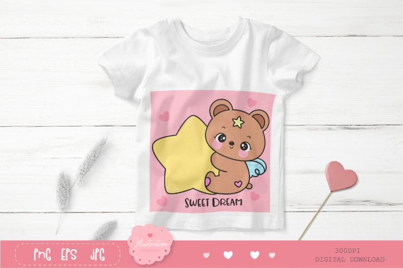 cute-teddy-bear-hug-big-star-bedtime-cartoon-kawaii-cliparts