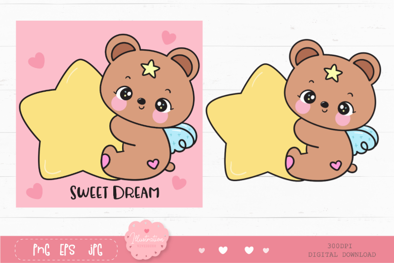 cute-teddy-bear-hug-big-star-bedtime-cartoon-kawaii-cliparts