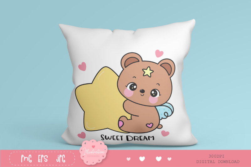 cute-teddy-bear-hug-big-star-bedtime-cartoon-kawaii-cliparts