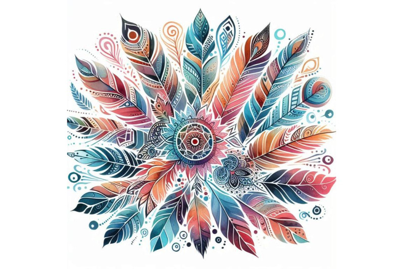 watercolor-ethnic-ornate-feathers-abstract-mandala