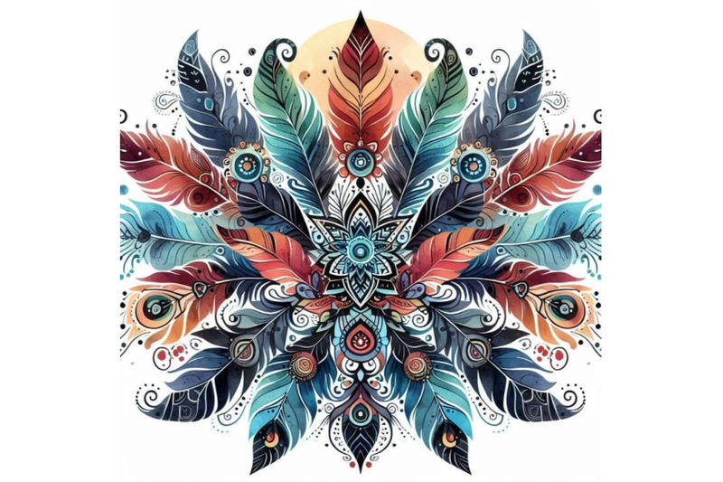 watercolor-ethnic-ornate-feathers-abstract-mandala