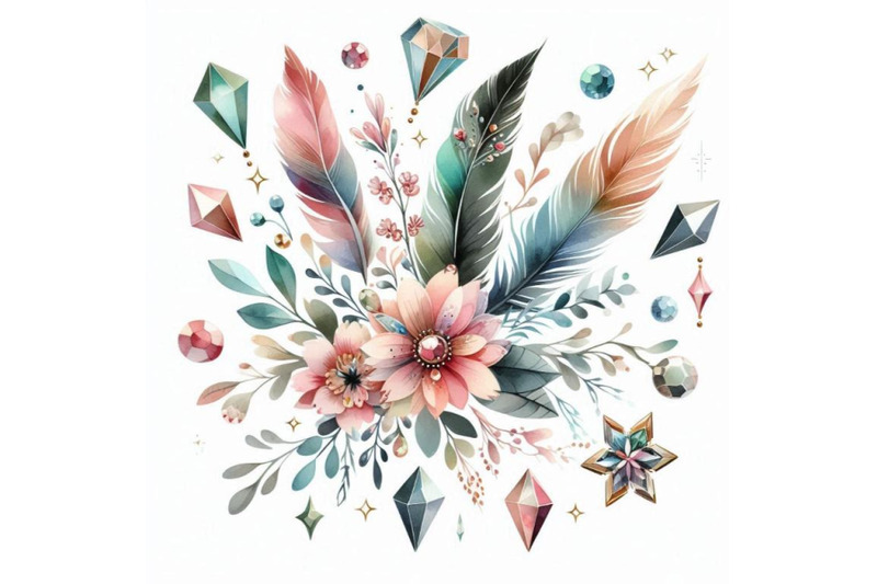 watercolor-gems-feathers-and-flowers-arrangement