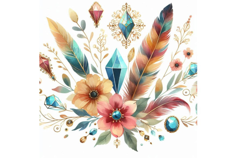 watercolor-gems-feathers-and-flowers-arrangement