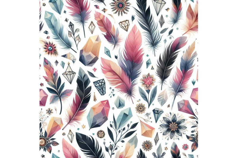 watercolor-gems-feathers-and-flowers-seamless-pattern