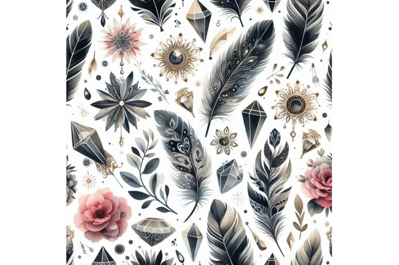 watercolor-gems-feathers-and-flowers-seamless-pattern