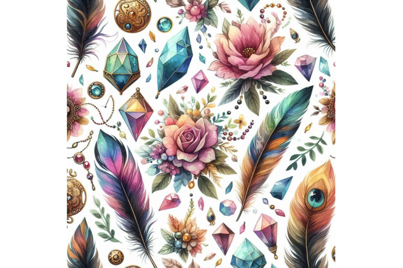 watercolor-gems-feathers-and-flowers-seamless-pattern