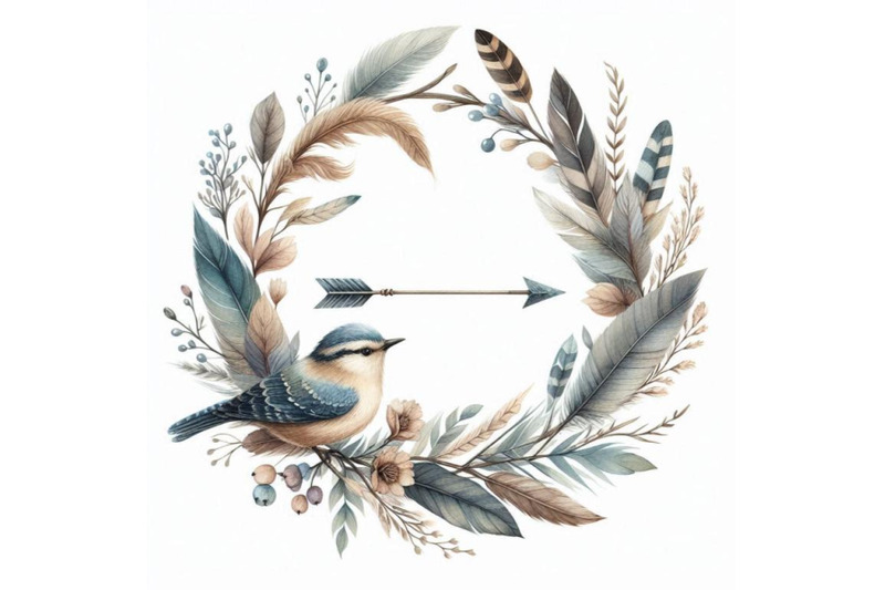 watercolor-wreath-with-ornate-bird-feathers-and-ar