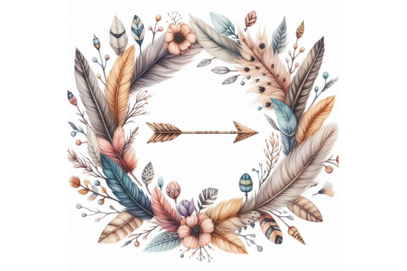 watercolor-wreath-with-ornate-bird-feathers-and-ar