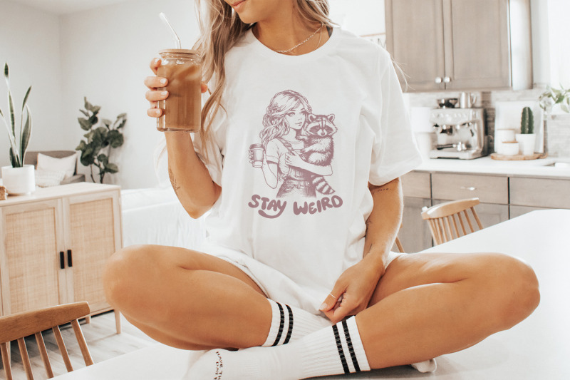 stay-weird-png-mental-health-funny-raccoon-and-girl-sublimation-sassy-png-funny-raccon-trending-png-groovy-png-positive-png-retro