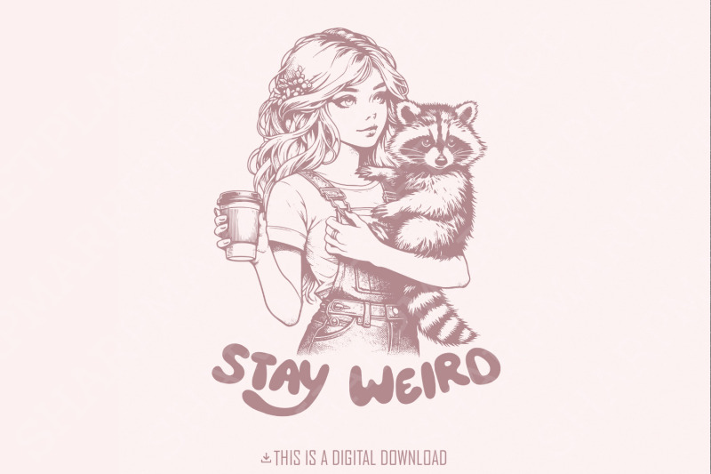 stay-weird-png-mental-health-funny-raccoon-and-girl-sublimation-sassy-png-funny-raccon-trending-png-groovy-png-positive-png-retro