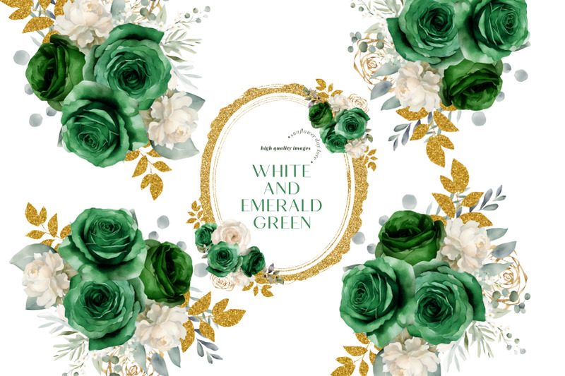 emerald-green-gold-ivory-floral-bouquets-clipart