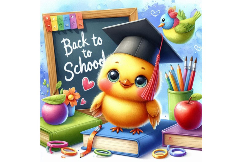 back-to-school-background-with-funny-bird-watercolor-illustration