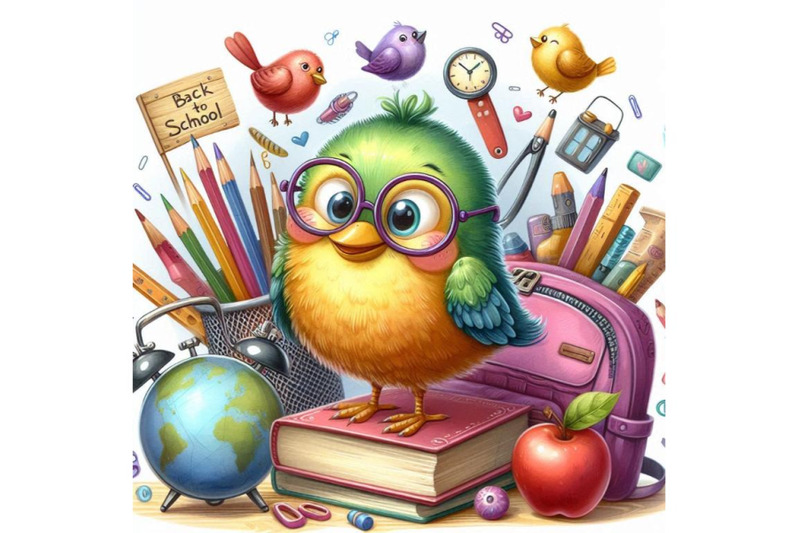 back-to-school-background-with-funny-bird-watercolor-illustration