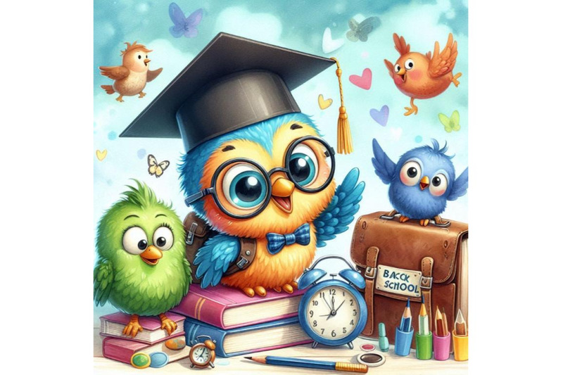 back-to-school-background-with-funny-bird-watercolor-illustration