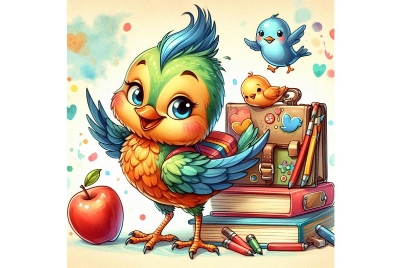 back-to-school-background-with-funny-bird-watercolor