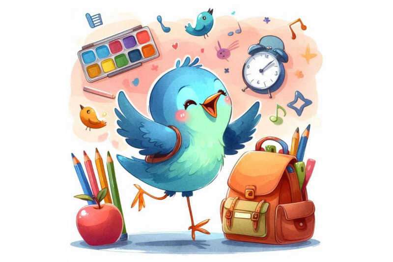 back-to-school-background-with-funny-bird-watercolor