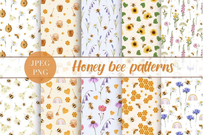 honey-bee-seamless-pattern-honey-digital-paper-wildflower-pattern