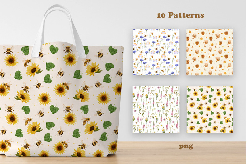 honey-bee-seamless-pattern-honey-digital-paper-wildflower-pattern