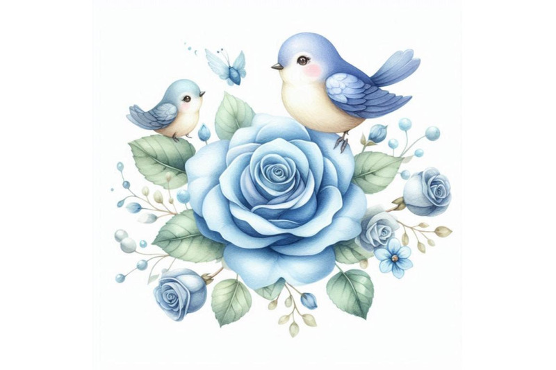 blue-rose-with-cute-bird-border-watercolor-illustration