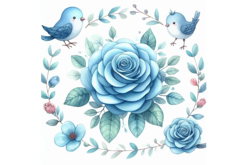 blue-rose-with-cute-bird-border-watercolor-illustration