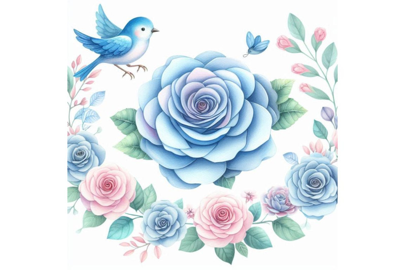 blue-rose-with-cute-bird-border-watercolor-illustration