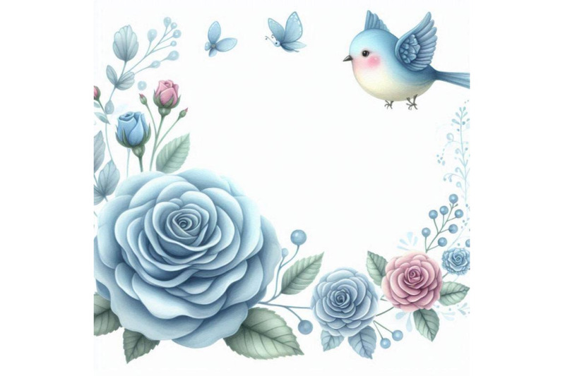 blue-rose-with-cute-bird-border-watercolor-illustration