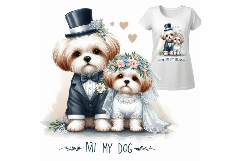 bride-and-groom-dog-t-shirt-graphics-mini-dog-illustration-with