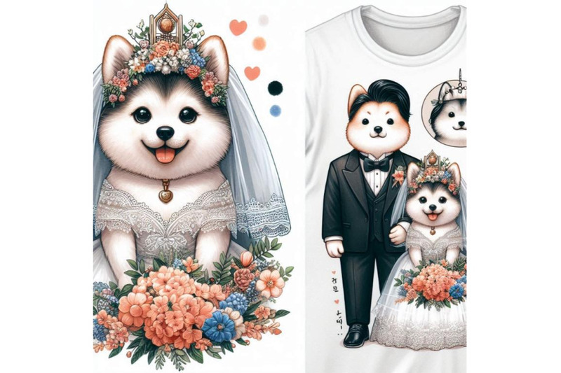 bride-and-groom-dog-t-shirt-graphics-mini-dog-illustration-with