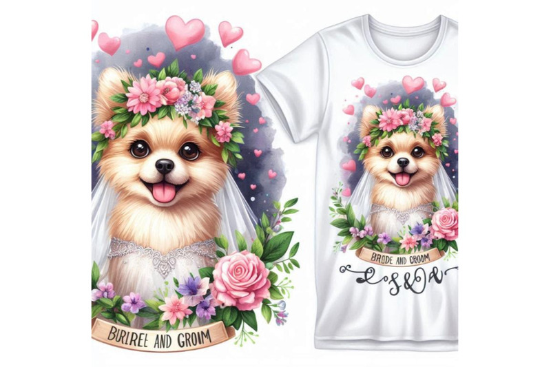 bride-and-groom-dog-t-shirt-graphics-mini-dog-illustration-with