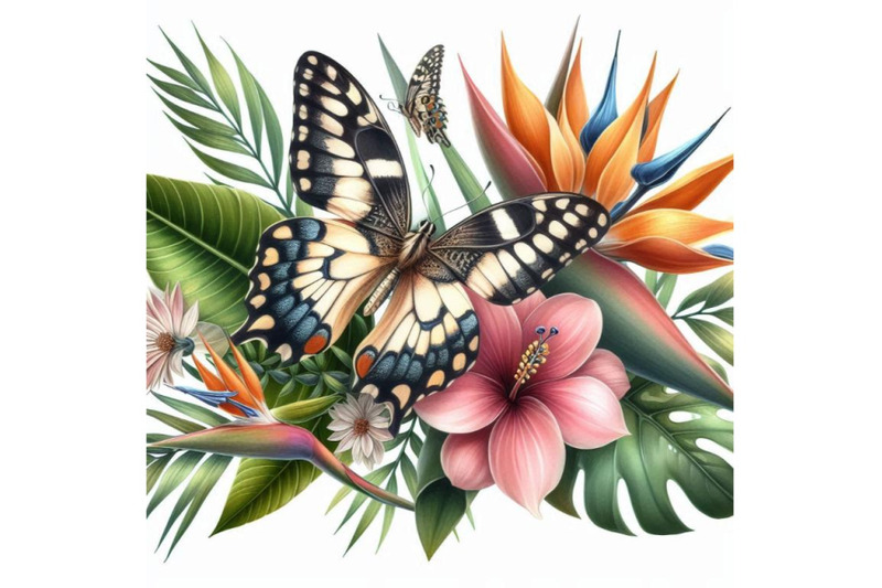 butterfly-tropical-leaves-and-exotic-flower