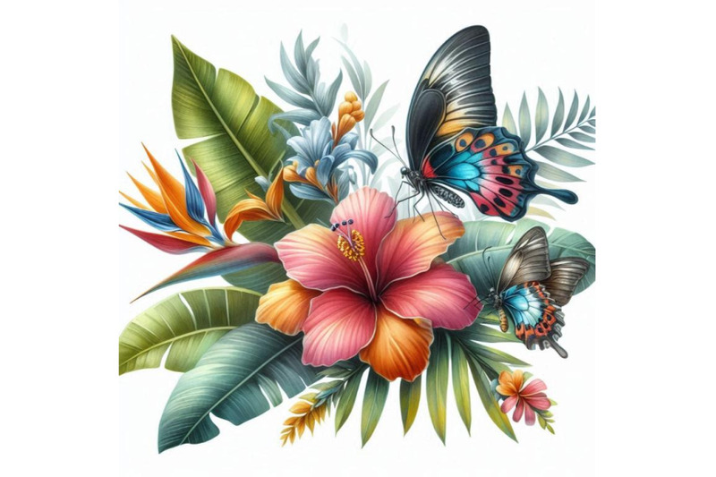 butterfly-tropical-leaves-and-exotic-flower