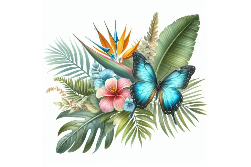 butterfly-tropical-leaves-and-exotic-flower