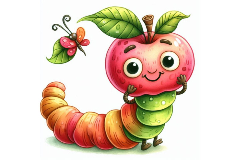 cartoon-insect-apple-worm-watercolor-illustration