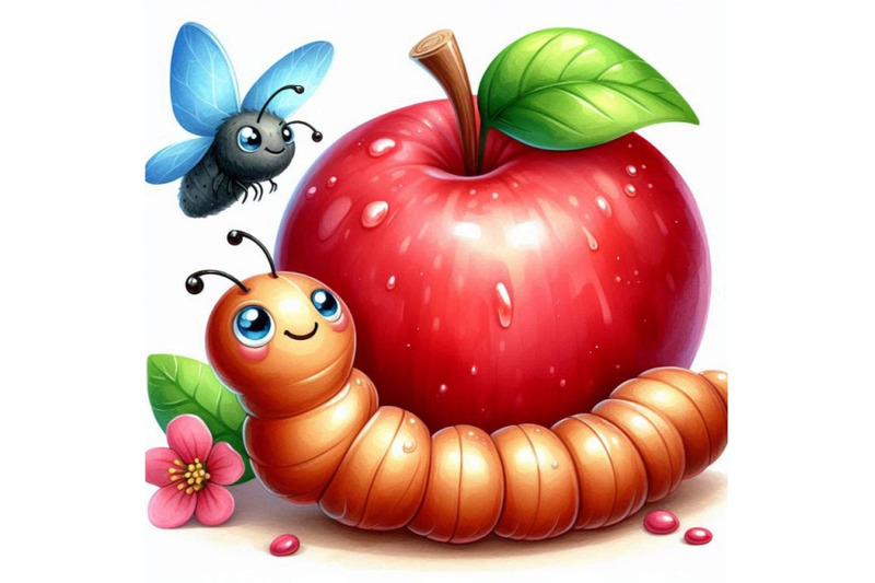 cartoon-insect-apple-worm-watercolor-illustration