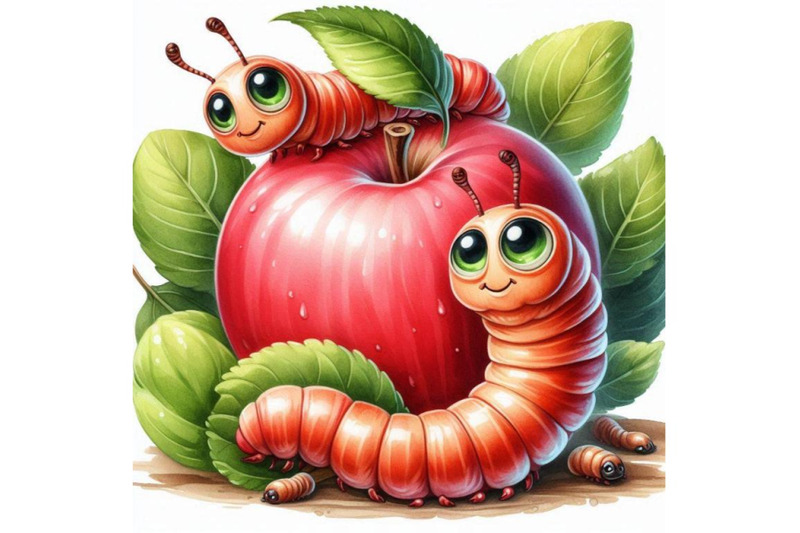 cartoon-insect-apple-worm-watercolor-illustration