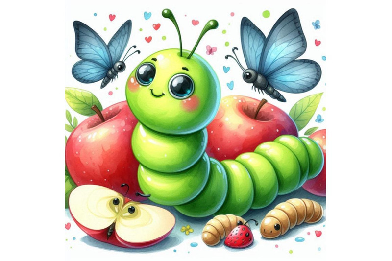 cartoon-insect-apple-worm-watercolor-illustration