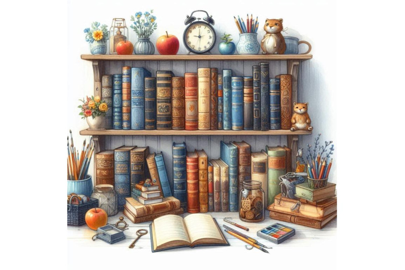 book-book-watercolor-illustration-books-shelf-backgro