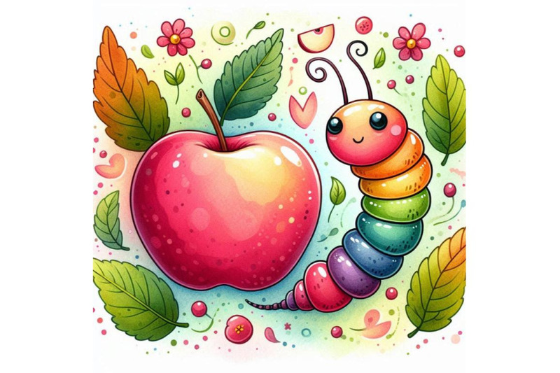 cartoon-insect-apple-worm-watercolor-illustration