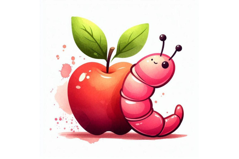 cartoon-insect-apple-worm-watercolor-illustration