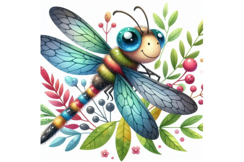 cartoon-insect-dragonfly-watercolor-illustration