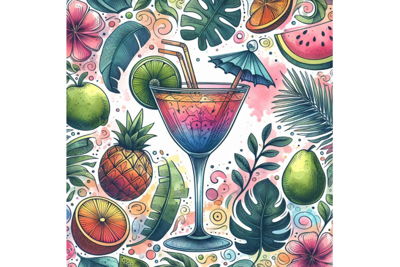 colorful-cocktail-hand-drawn-watercolor-illustration-of