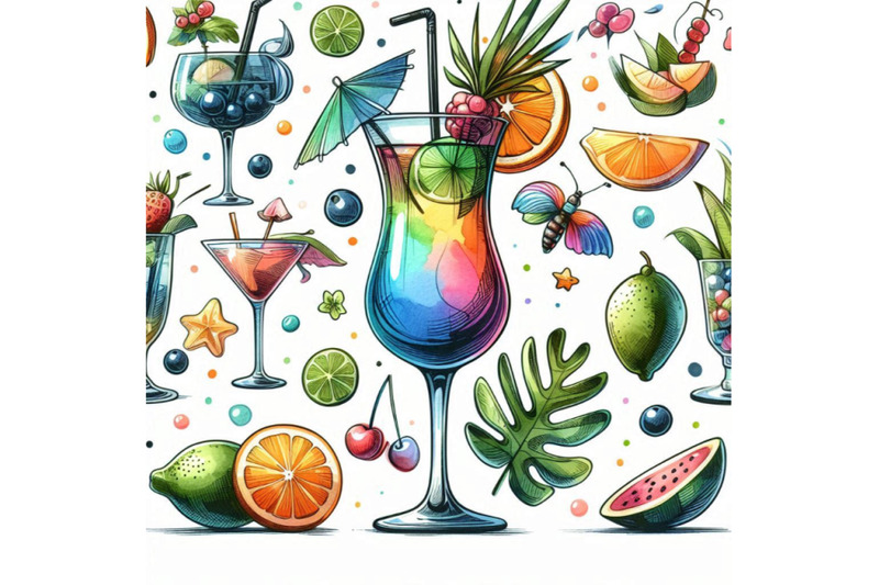 colorful-cocktail-hand-drawn-watercolor-illustration-of