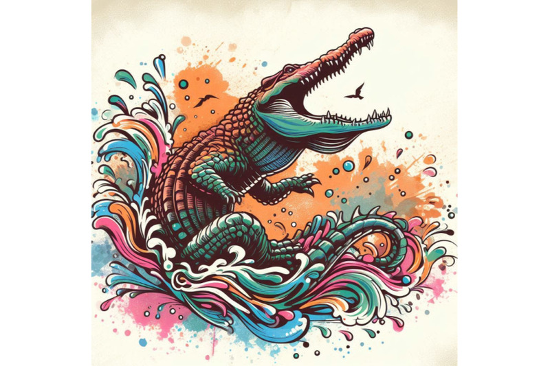 crocodile-illustration-with-splash-watercolor-textured-b