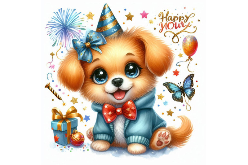 cute-cartoon-puppy-watercolor-illustration-dog-year-greeting-card