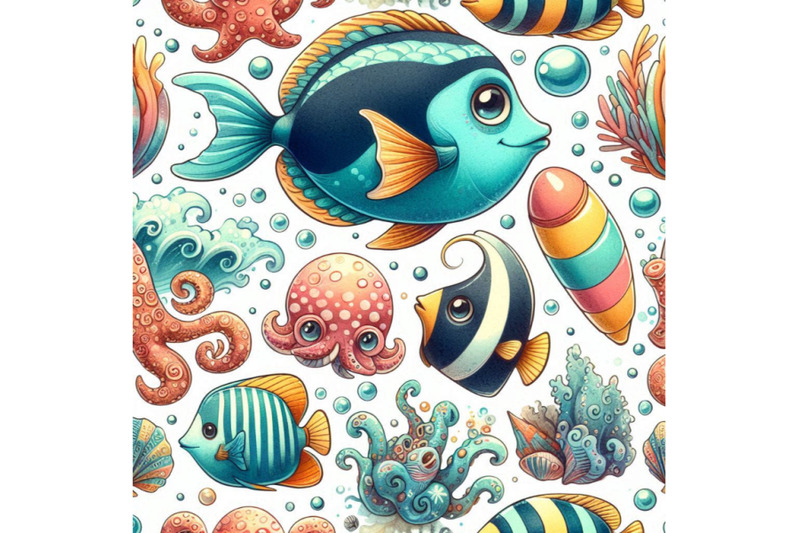 cute-cartoon-sea-fish-seamless-pattern-vintage-surf-background