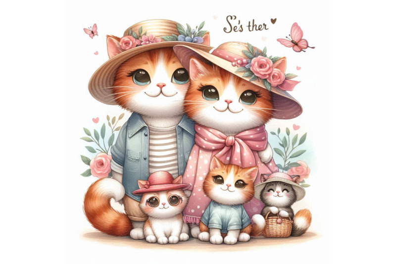 cute-cat-t-shirt-graphics-watercolor-cat-family-illustration