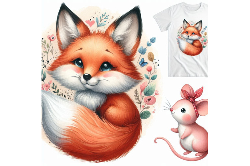 cute-fox-t-shirt-graphics-watercolor-fox-and-mouse-illustration