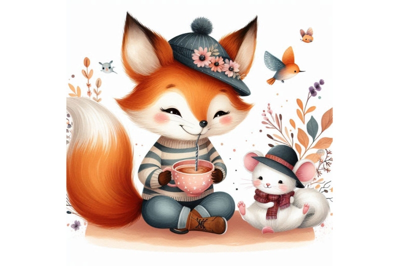 cute-fox-t-shirt-graphics-watercolor-fox-and-mouse-illustration